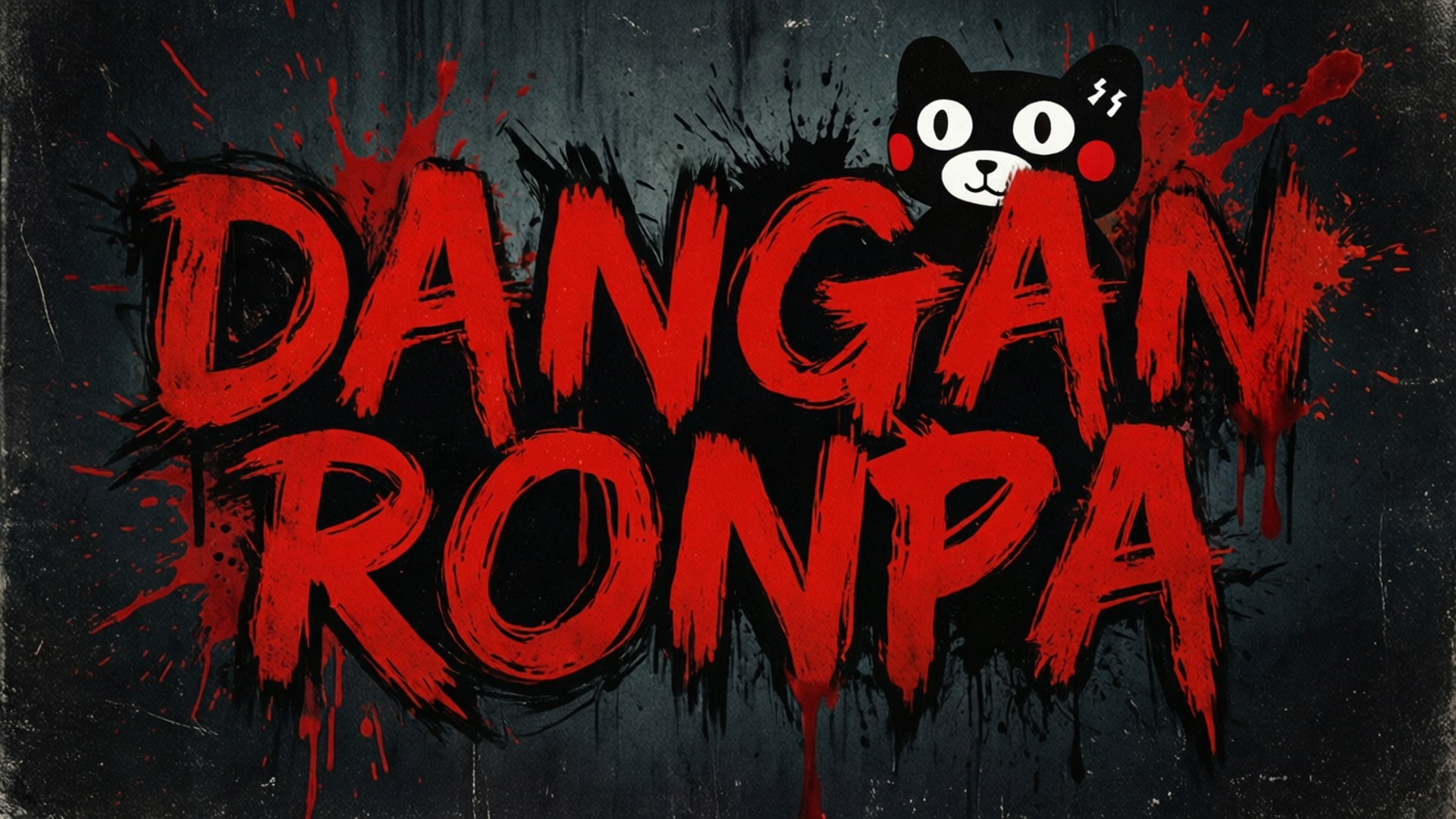 Danganronpa 標題 壁紙 — 大膽的紅色塗鴉風格文字寫著「Dangan Ronpa」，背景為深色紋理，一隻卡通貓從後面探出頭來。