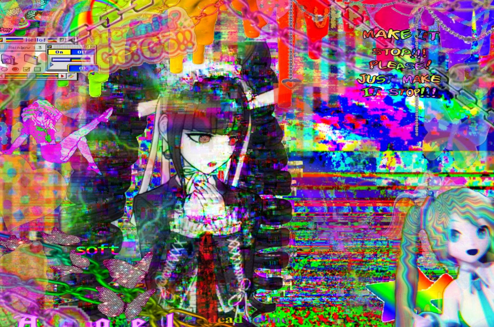 故障數碼藝術中的動漫女孩，帶有多彩扭曲和浮動文字。