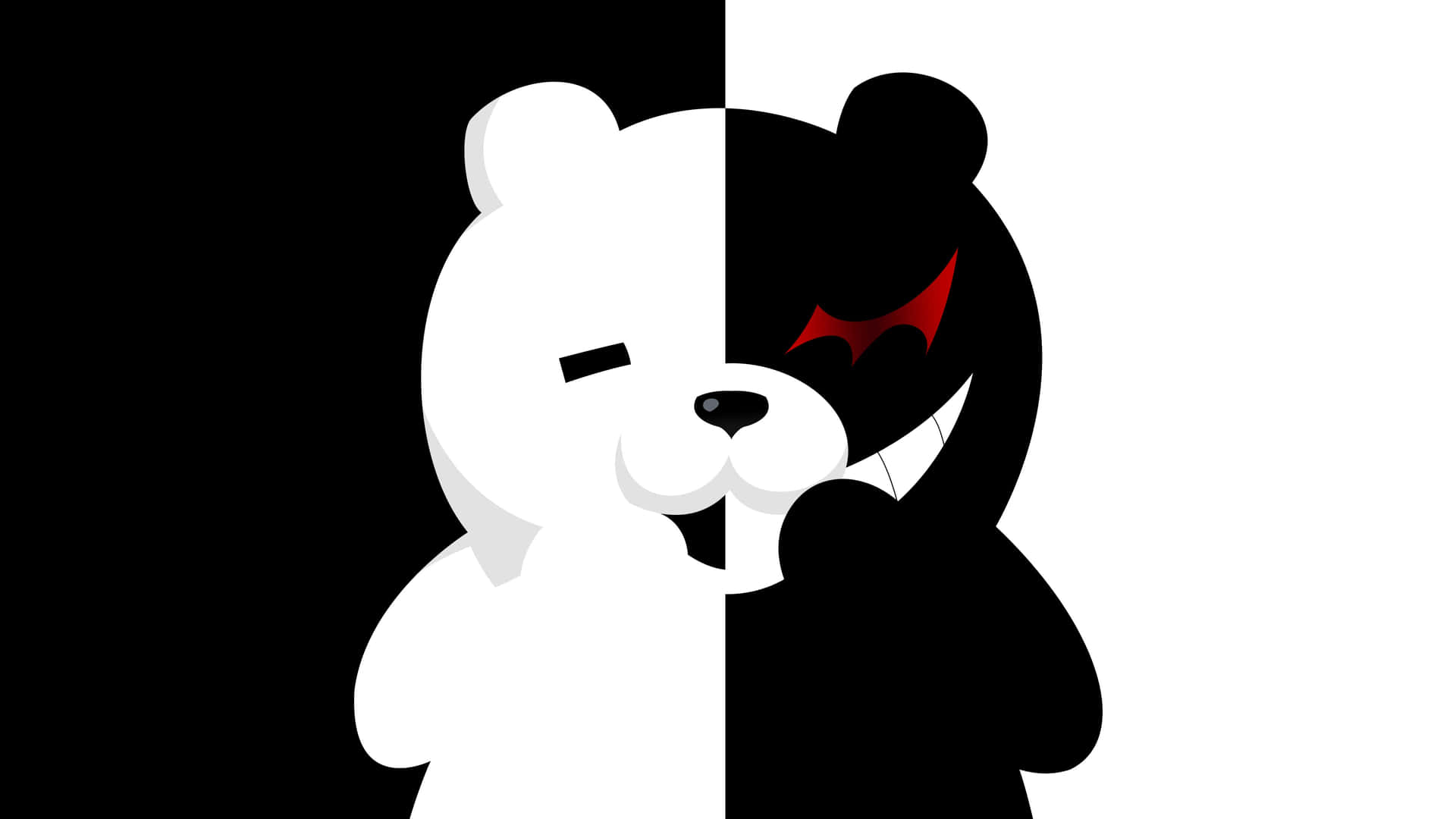 一隻卡通熊分成白色無辜的一半和黑色惡魔的一半。
