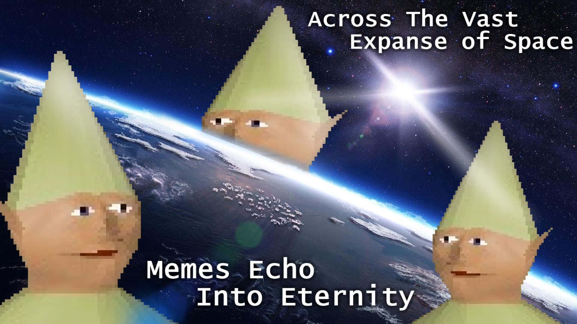 太空中的小矮人小孩Dank Memes圖片 壁紙 — 三個像素化嘅地精喺地球上面嘅太空漂浮，帶有關於迷因迴響到永恆嘅文字。