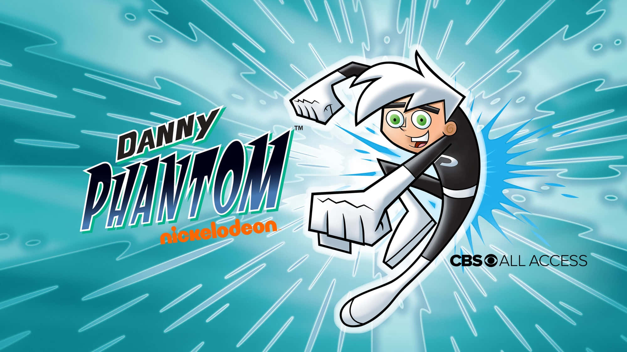 Danny Phantom 壁紙 — Danny Phantom 以鬼魂形態向前揮拳，背景為青綠色，帶有動態白色條紋。