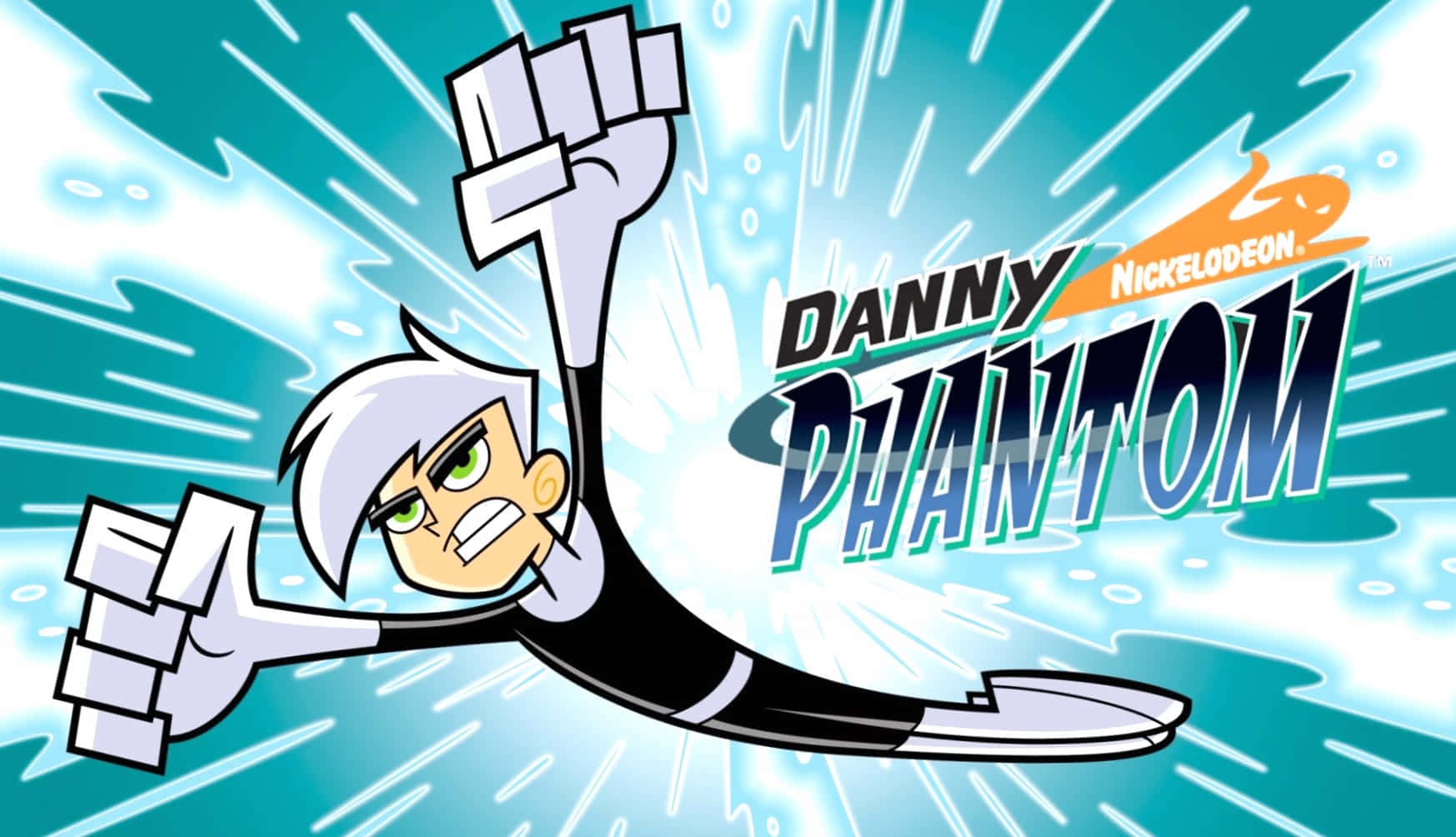 Danny Phantom 舉起拳頭向前飛，對抗藍色能量爆發。