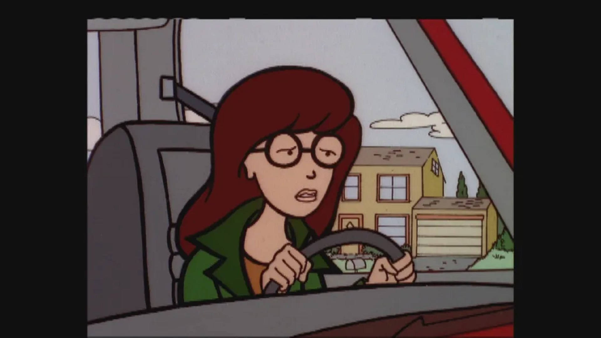 Daria 駕駛汽車 壁紙 — Scooby Doo 嘅女朋友揸車經過郊區，表情擔憂。