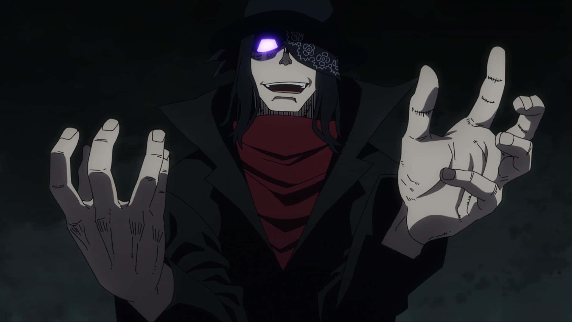Fire Force Joker 桌布 壁紙 — 一個黑暗的動漫角色，擁有發光的紫色眼睛和骷髏面具，以威脅的姿勢向前伸出雙手。
