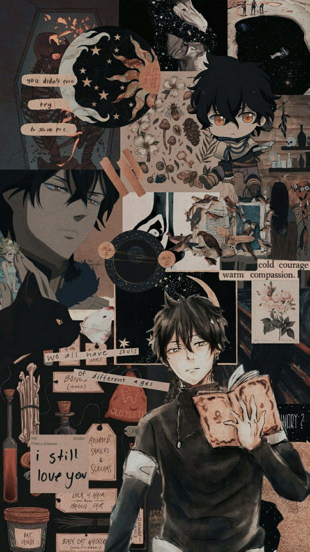 黑色 Clover 黑色風格 iPhone 壁紙 — 一個黑暗的動漫拼貼畫，描繪一個男孩在讀書，周圍環繞著名言、自然圖案和天體圖像。