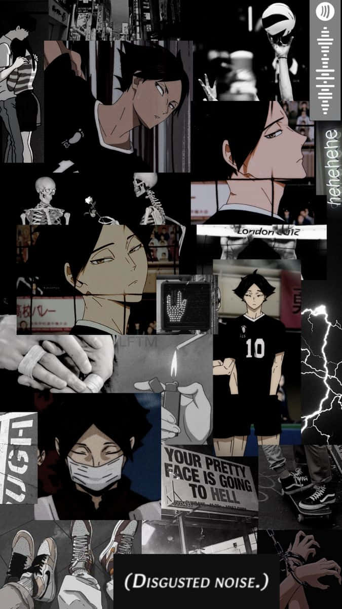  壁紙 — 一個黑暗動漫拼貼畫，描繪一名排球運動員以各種激烈姿勢，以及帶有閃電和文字疊加的粗糙城市場景。