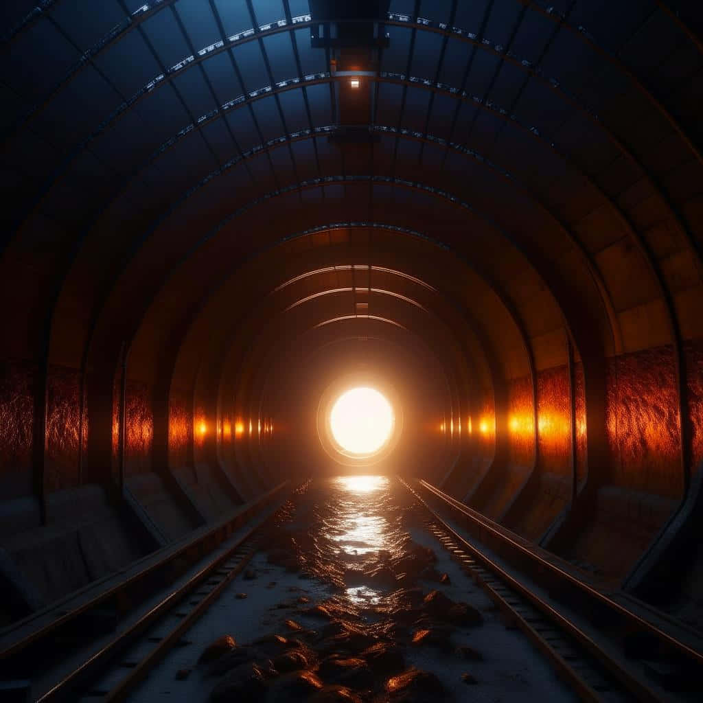  壁紙 — 一條黑暗的拱形鐵路隧道，潮濕的軌道通向明亮的出口，陽光在水面上反射。