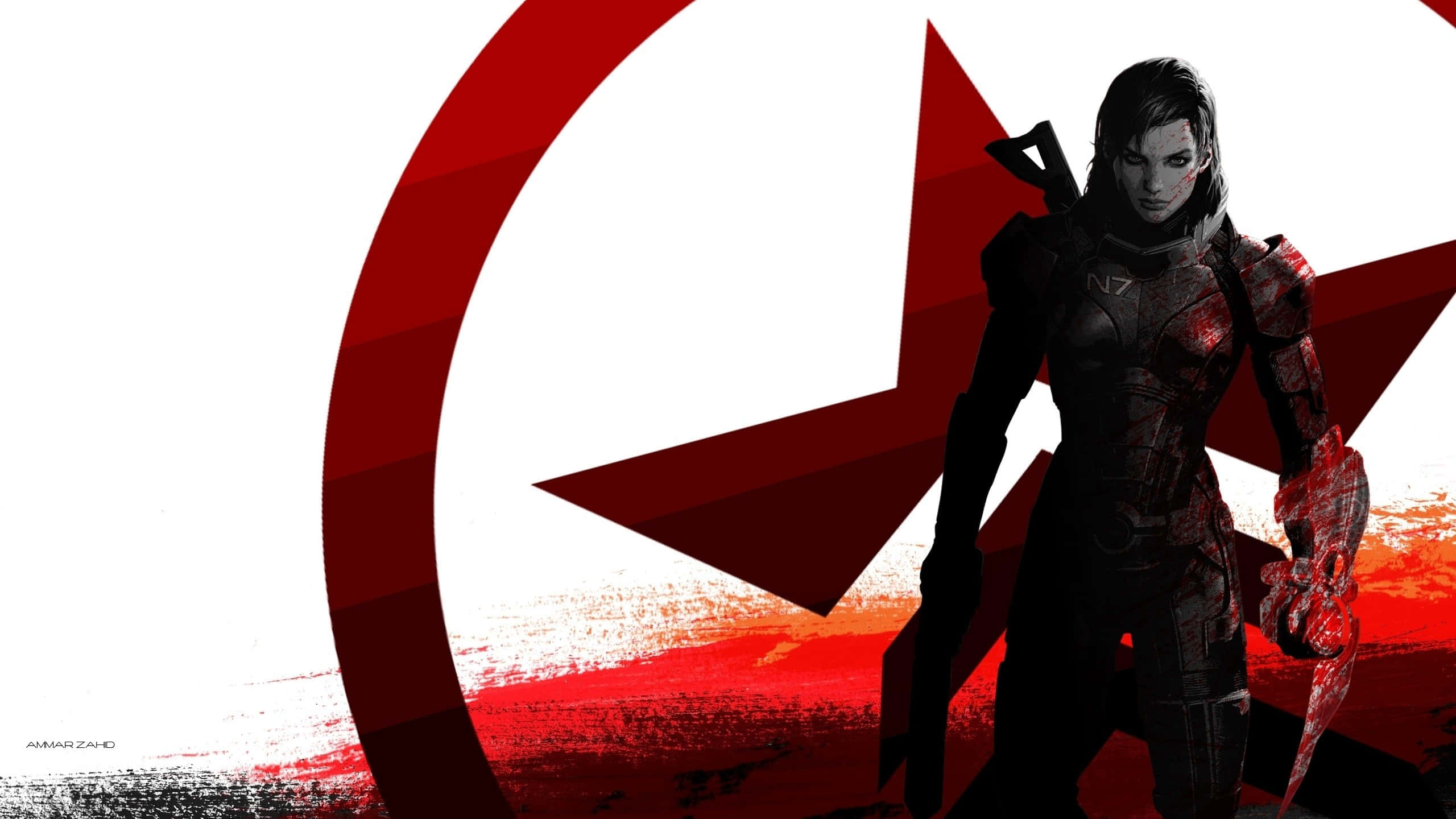 Mass Effect Femshep 桌布 壁紙 — 一位身穿深色盔甲的女戰士站在一個大膽的紅色星月標誌前，背景是純白色。