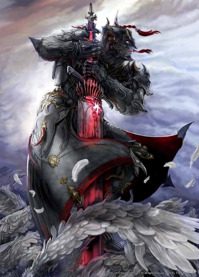 Ffxiv Dark Knight 桌布 壁紙 — 一位身穿暗色盔甲、帶有發光紅色核心的騎士，騎著一匹有翼的馬，在暴風雨的天空下，羽毛飄落。