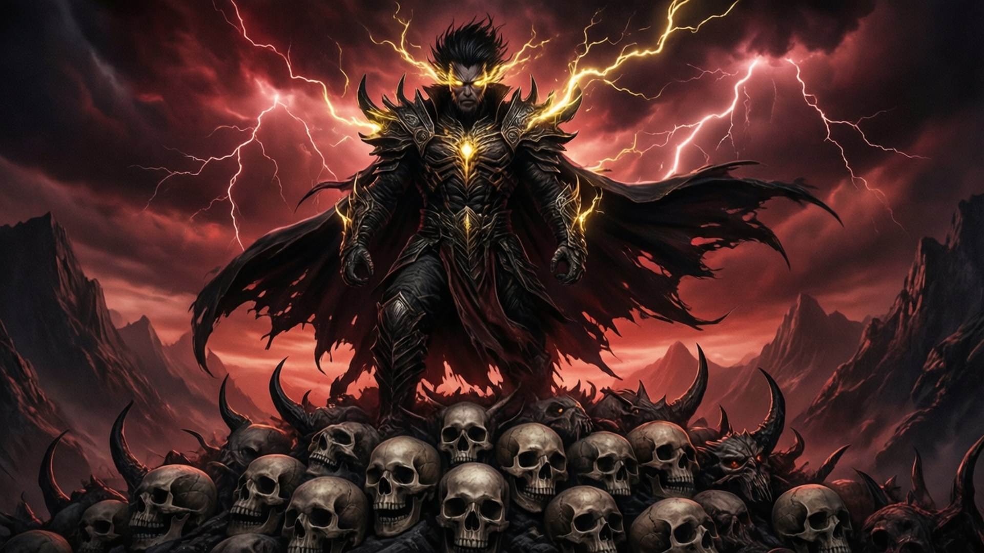 The Misfit Of Demon King Academy 桌布 壁紙 — 一個身穿暗色盔甲的戰士，雙眼發光，周圍閃電噼啪作響，站在一堆頭骨之上，背景是風暴般的紅色天空。