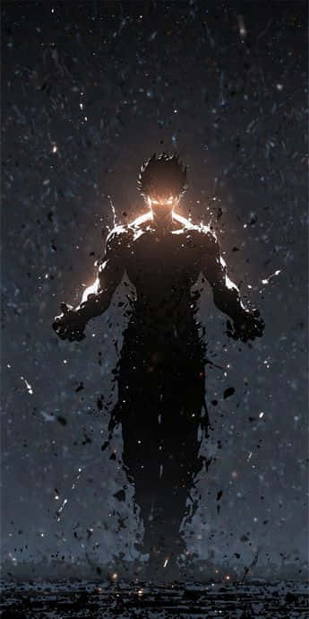 一個發光的人類剪影從黑暗的水中升起，火花在周圍飛舞，在繁星點點的夜空場景中。