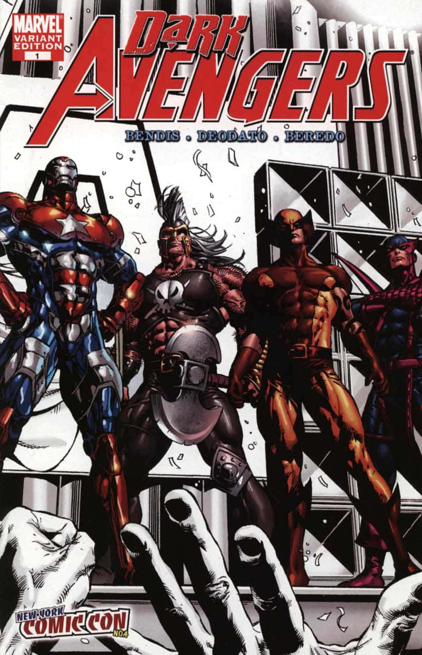 Dark Avengers 桌布 壁紙 — Dark Avengers 漫畫封面，描繪身穿裝甲的超級英雄在破碎玻璃背景前挑釁地站立，配以粗體紅色字樣。