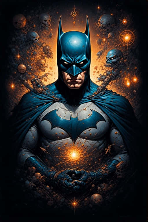 Dark Batman Symbolism Wallpaper 8K 壁紙 — 蝙蝠俠身穿深藍色盔甲莊嚴站立，緊握的雙手爆發出熾熱的橙色火花，周圍環繞著漂浮的頭骨和火焰粒子。