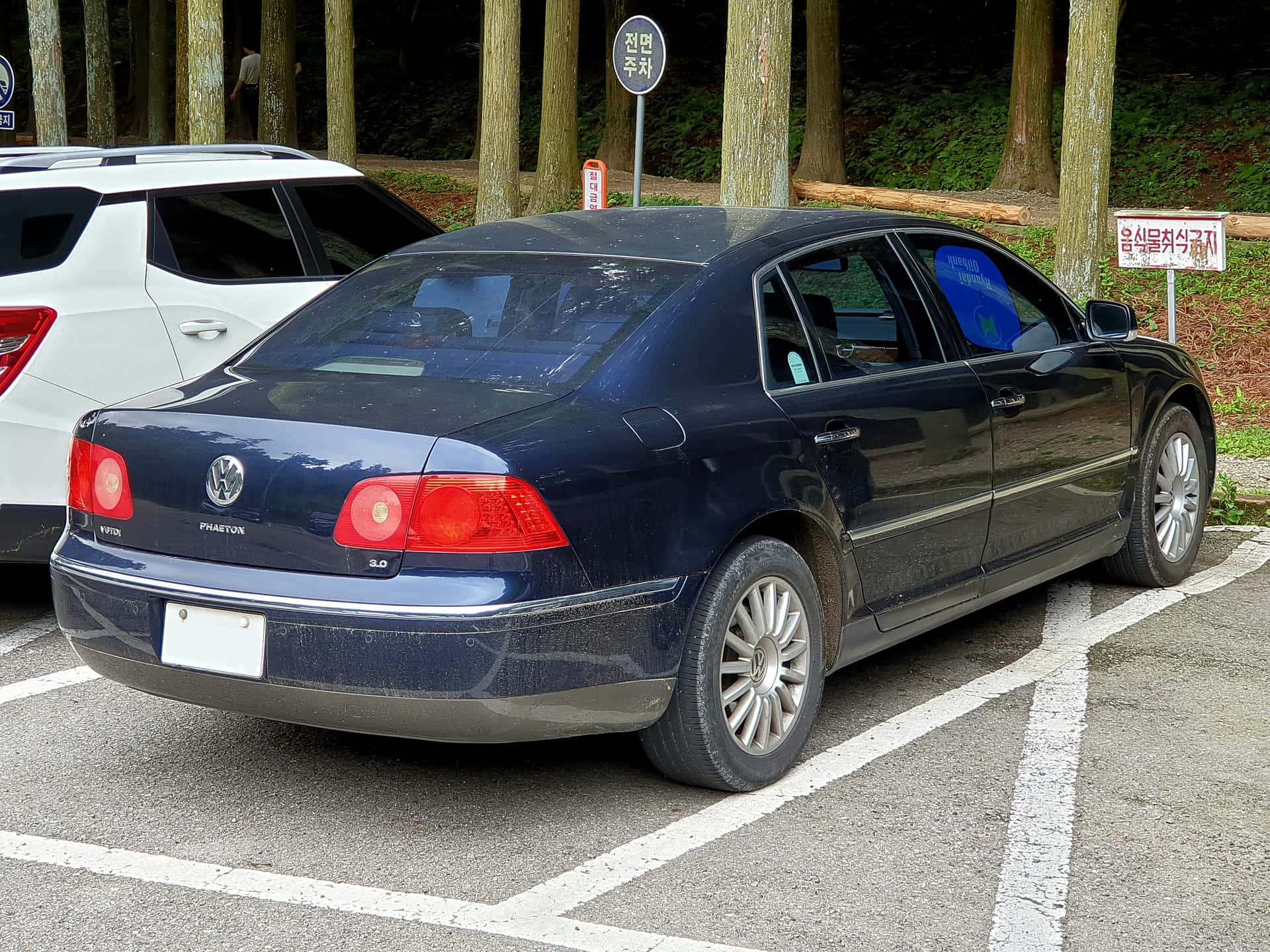  壁紙 — 一架深藍色福士Phaeton房車停泊在劃有標記的車位，旁邊有一輛白色SUV，背景有高大的樹木。