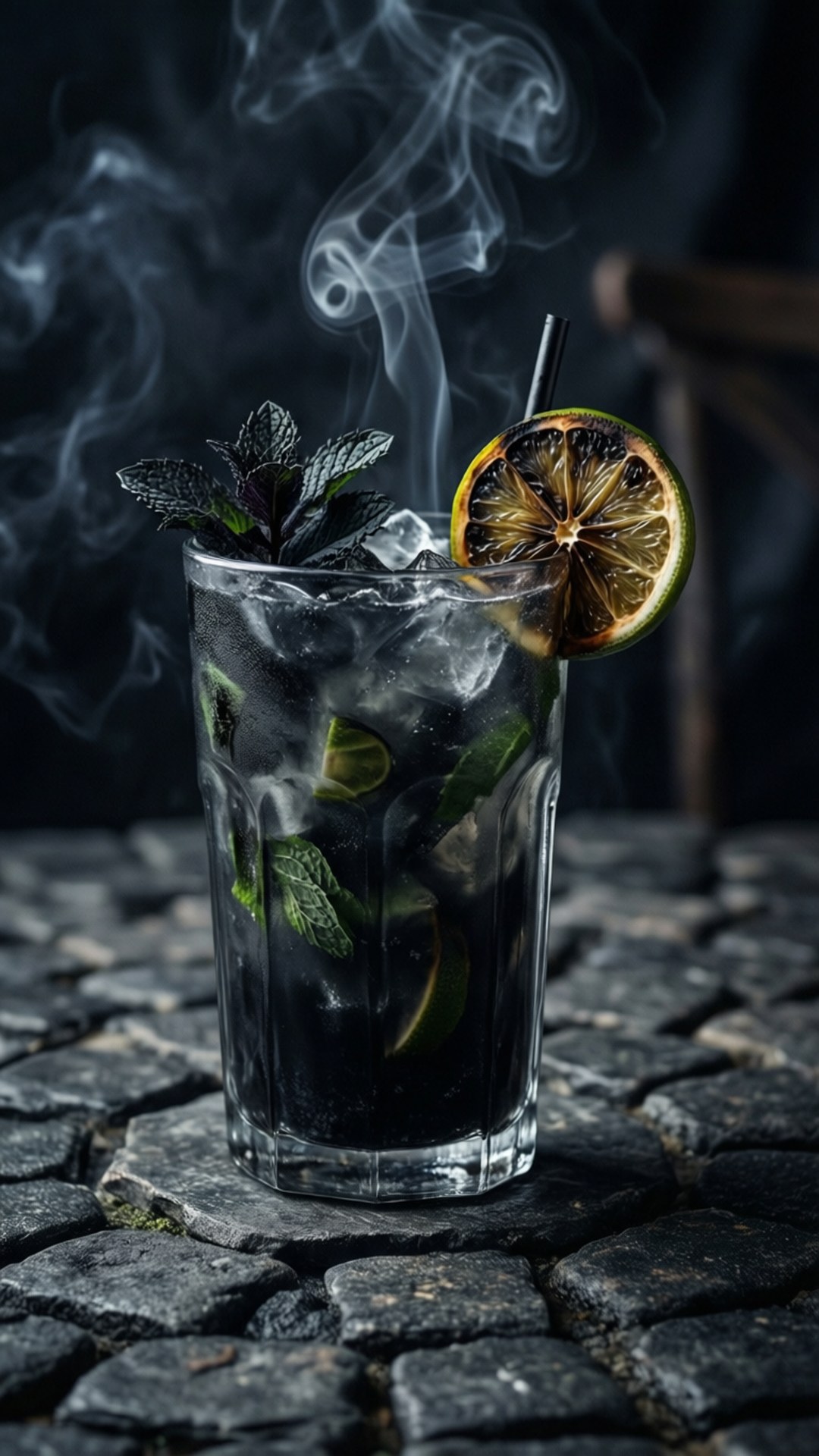 深色雞尾酒配薄荷、青檸和冰塊在石頭表面上，煙霧升起