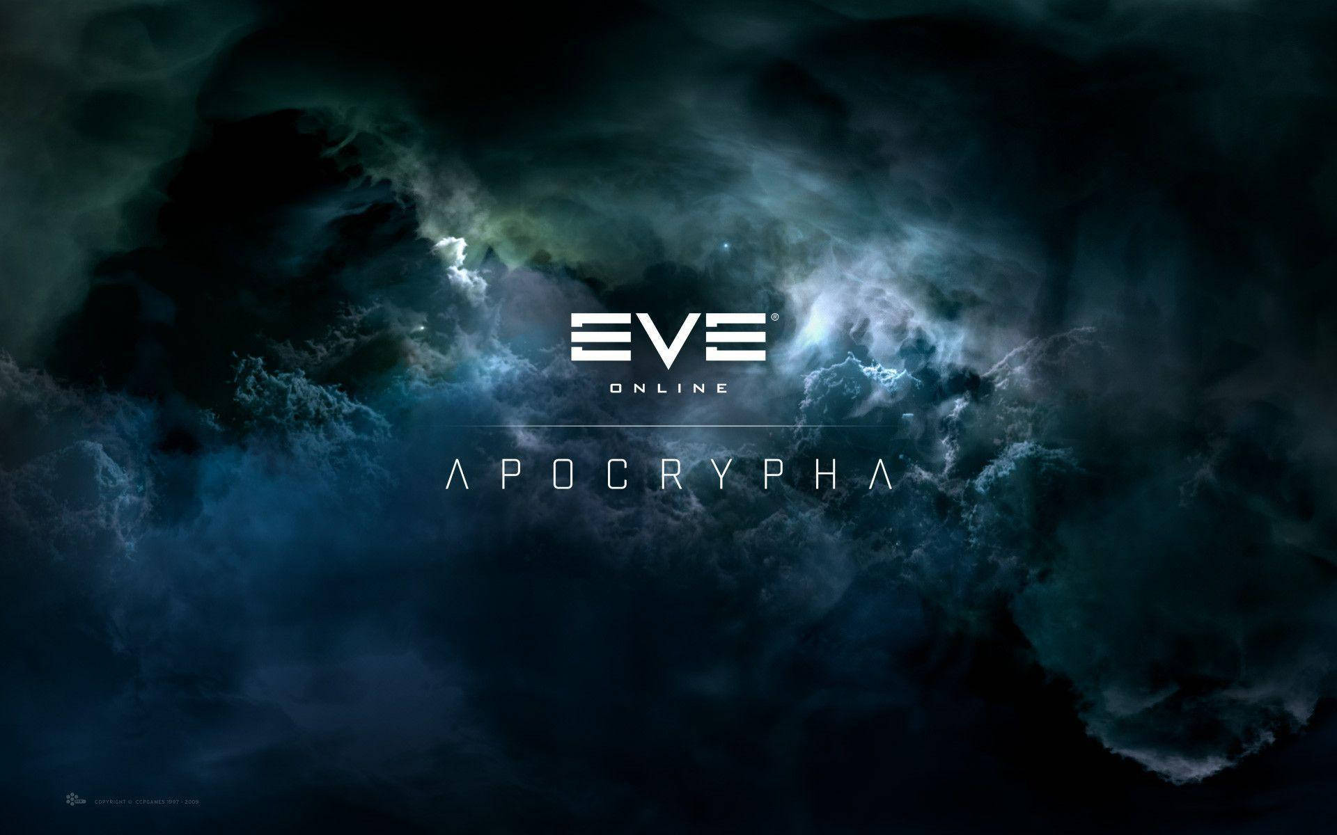 EVE Online Apocrypha 標誌在黑暗宇宙星雲背景上。