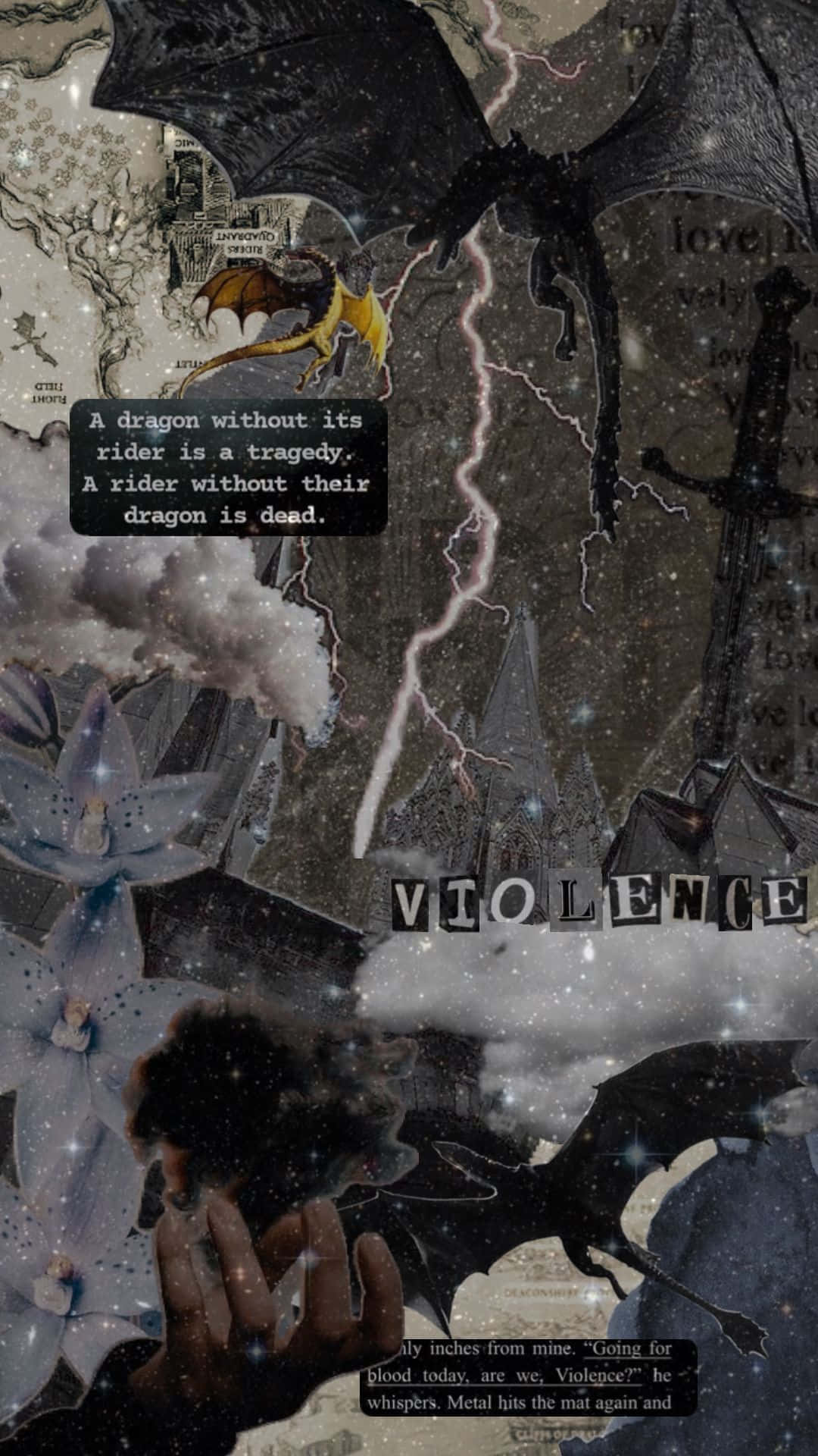  壁紙 — 一幅黑暗奇幻拼貼畫，描繪一條龍、騎手和文字碎片，背景是帶有閃電和星元素的暴風雨天空。