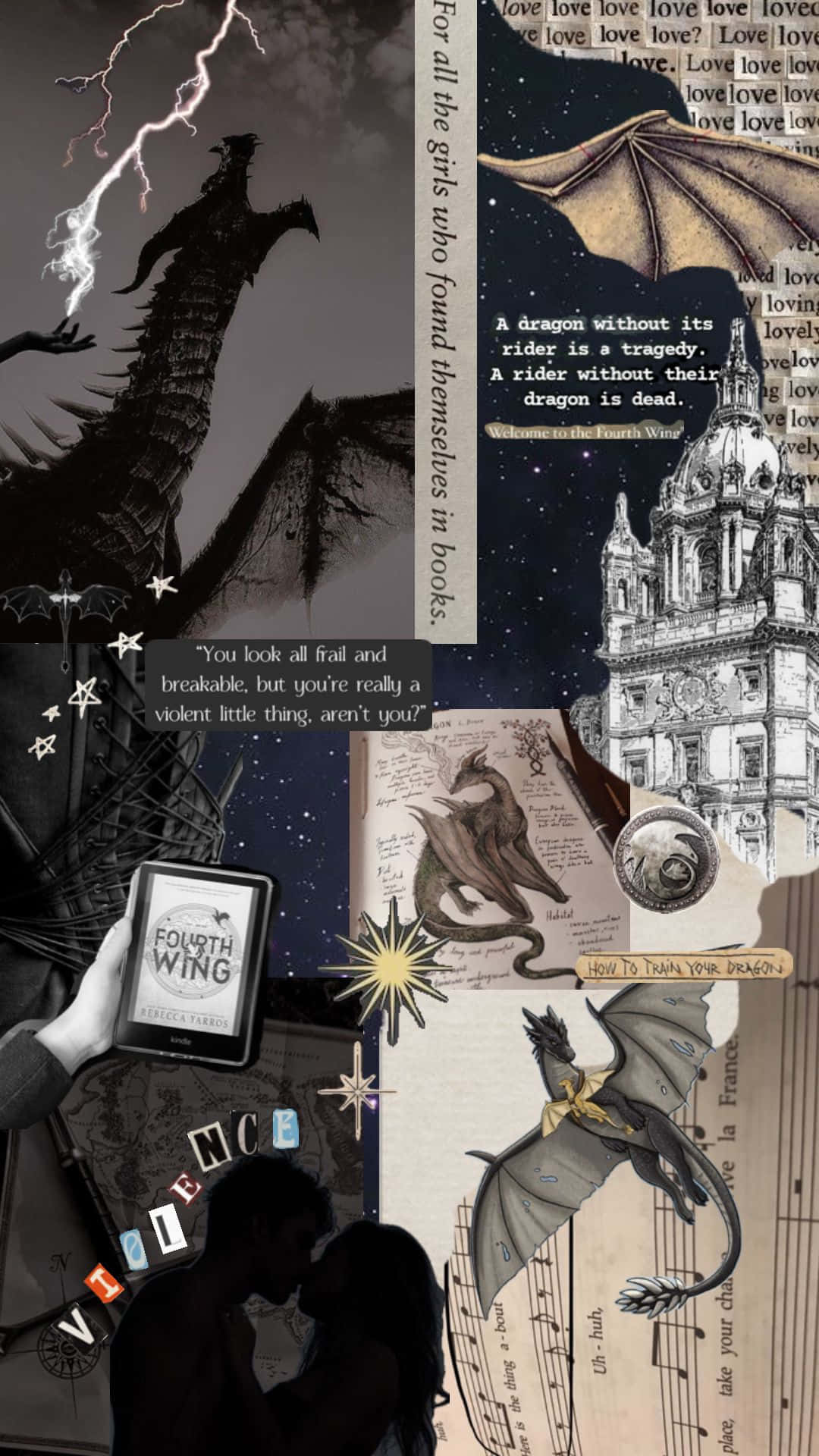  壁紙 — 黑暗奇幻拼貼畫，以龍、書中語錄和情侶剪影為特色，背景是星空和暴風閃電。