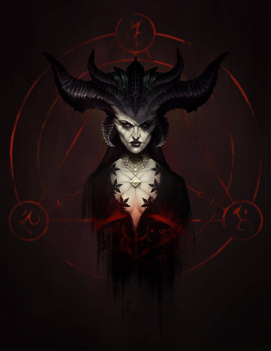 Diablo 4 魔女之王 壁紙 — 一個黑暗奇幻插圖，描繪一個有角、眼睛發光的惡魔女性站在紅色神秘圓圈內。