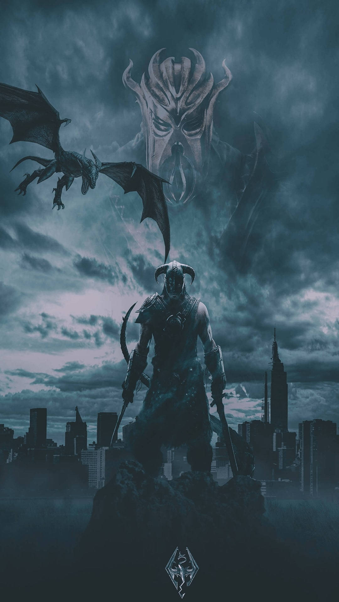 一個奇幻戰士與龍和惡魔面孔在暴風雲下的城市上空。