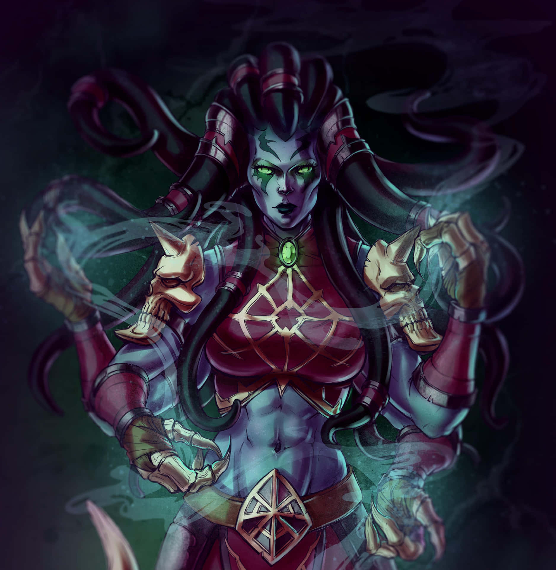  壁紙 — 一個黑暗奇幻戰士，擁有發光的綠色眼睛和頂著骷髏的手臂，在煙霧繚繞的陰影背景下威風凜凜地站立。