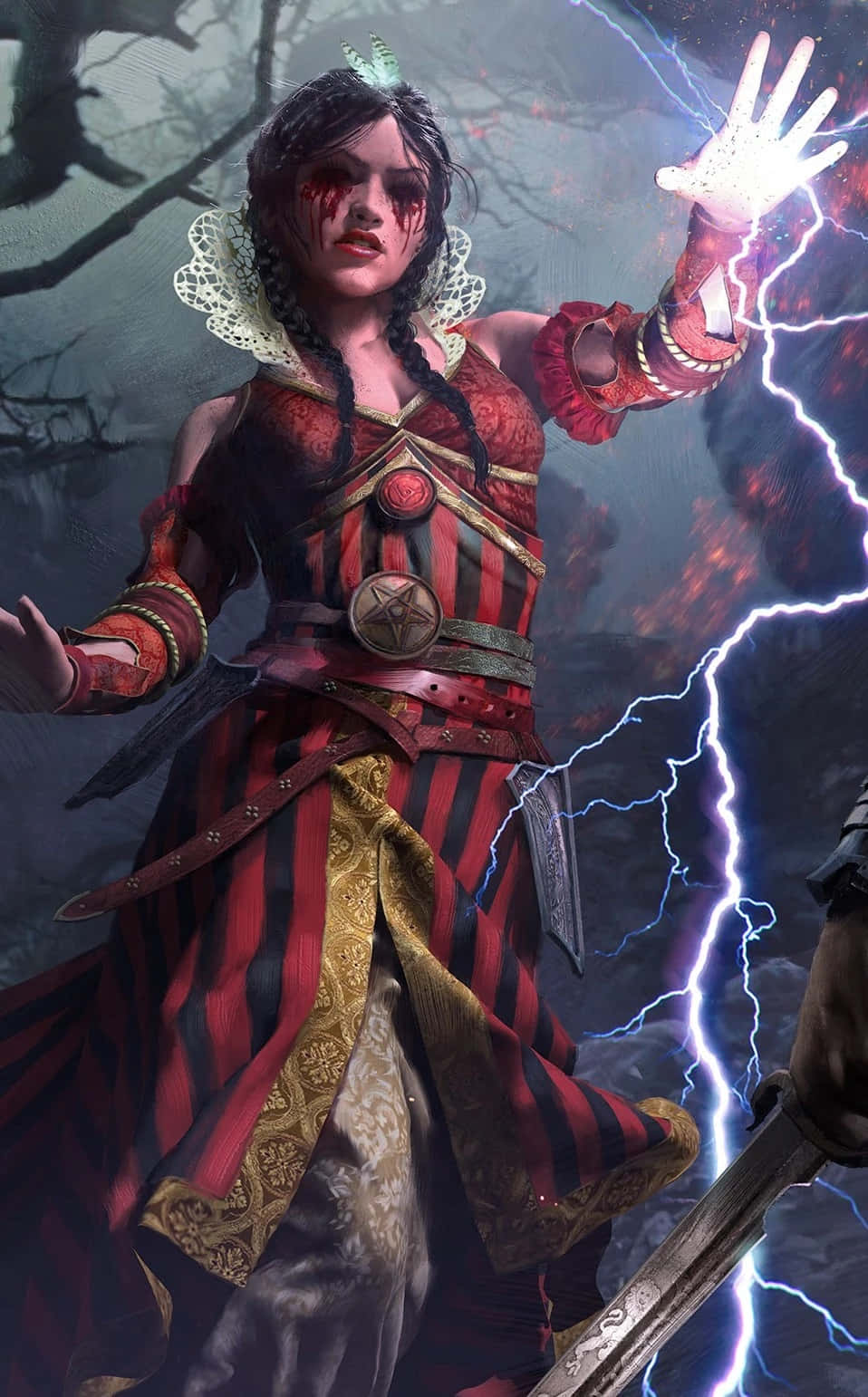 Philippa Eilhart 桌布 壁紙 — 一位身穿紅黑條紋服裝的黑暗奇幻女巫，在暴風雨背景下從她伸出的手中引導閃電。