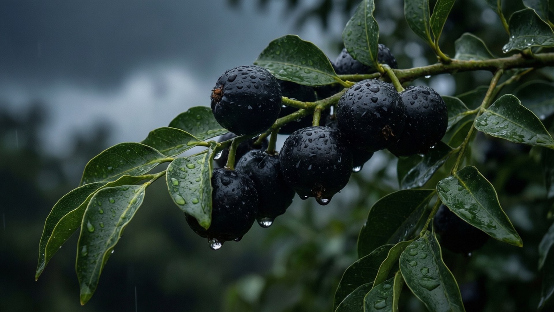 在暴風雨天氣中，綠葉上帶有雨滴的深色莓果簇。