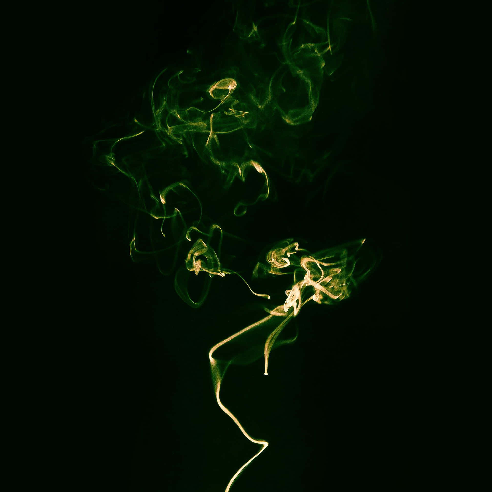 在黑暗中飄動的翠綠與金色煙霧，帶有優雅的曲線和發光的高光。