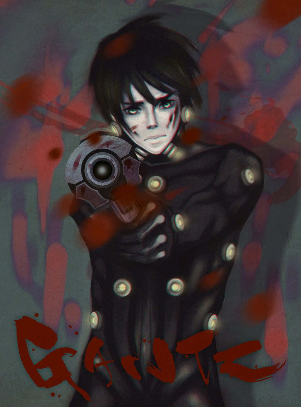 Gantz Kei Kurono 桌布 壁紙 — 一個黑髮的動漫角色穿著黑色服裝，在塗抹的紅色和灰色背景前拿著一把未來風格的槍。