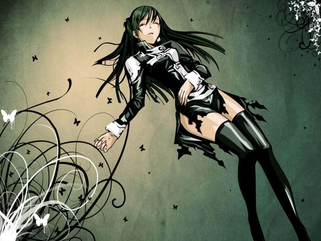  壁紙 — 一位黑髮動漫女孩穿著破爛的黑白服裝，在旋轉的藤蔓和蝴蝶中漂浮，背景是柔和的綠色。