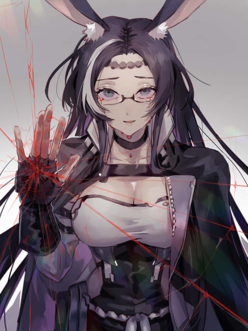 Azur Lane Souryuu 桌布 壁紙 — 一位黑髮動漫女孩戴著兔耳和眼鏡，伸出手，紅色能量在她周圍噼啪作響。