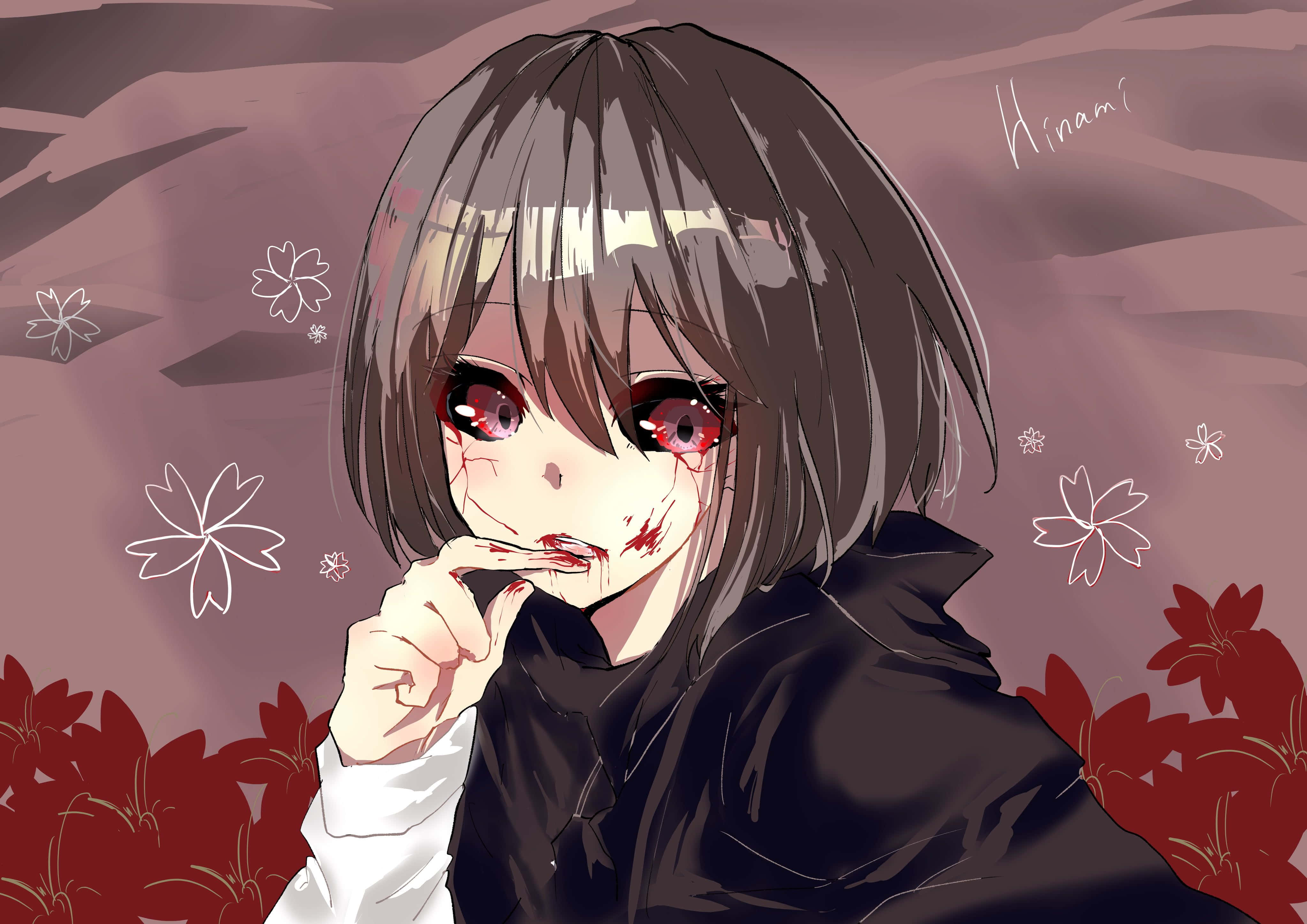 Hinami Fueguchi 桌布 壁紙 — 一位深色頭髮的動漫女孩，紅色的眼睛，臉上和手指上有血跡，被櫻花環繞，背景是陰鬱的紫色。