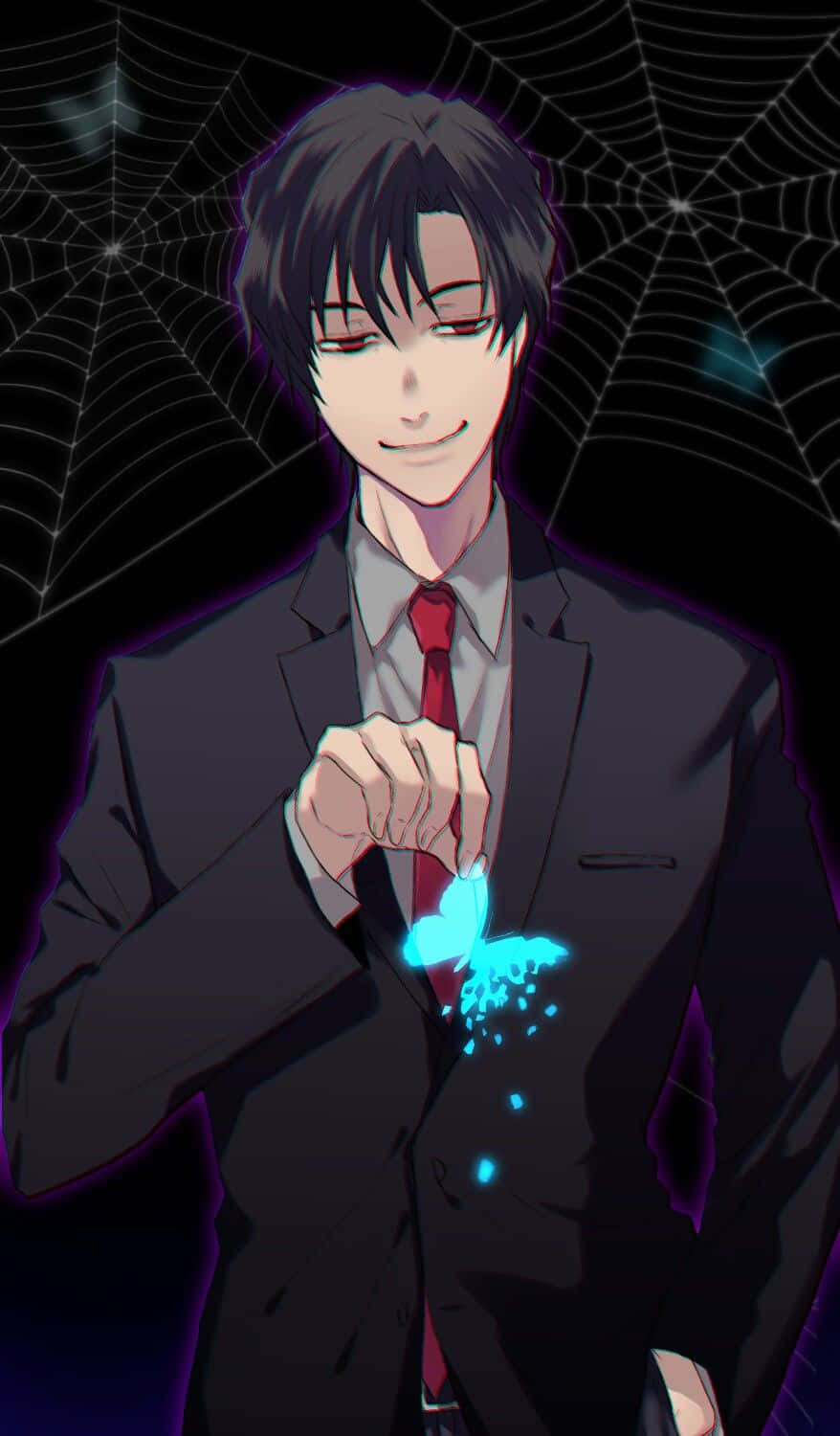 動漫男子西裝從手中釋放發光藍色蝴蝶，背景蜘蛛網。 — 唯美蝴蝶動圖 壁紙