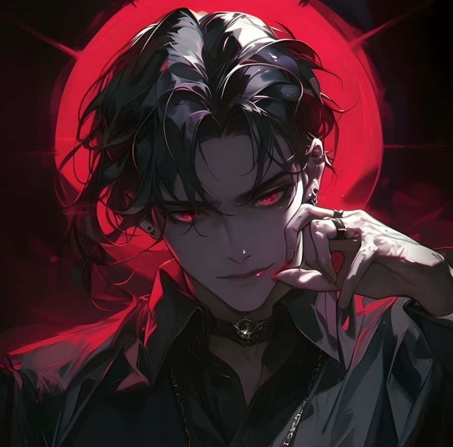  壁紙 — 一位黑髮動漫男子，擁有發光的紅色眼睛和頸圈，在放射性的紅色圓形背景前擺姿勢。