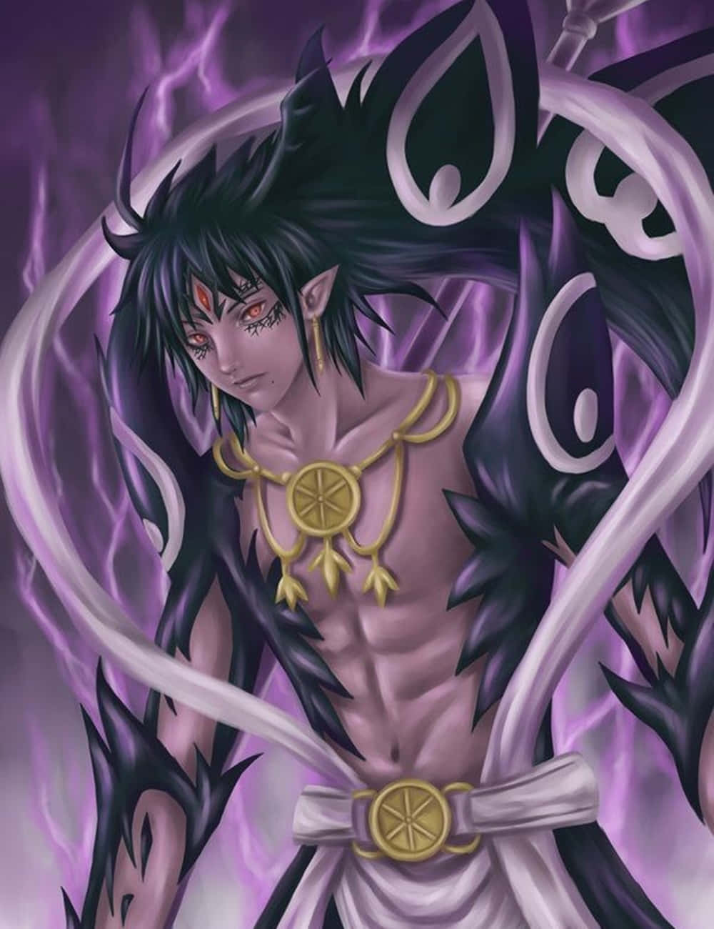 Hakuryuu Ren 桌布 壁紙 — 一位黑髮、紅眼、佩戴金色珠寶的動漫戰士，站在旋轉的紫色能量和陰影翅膀之中。