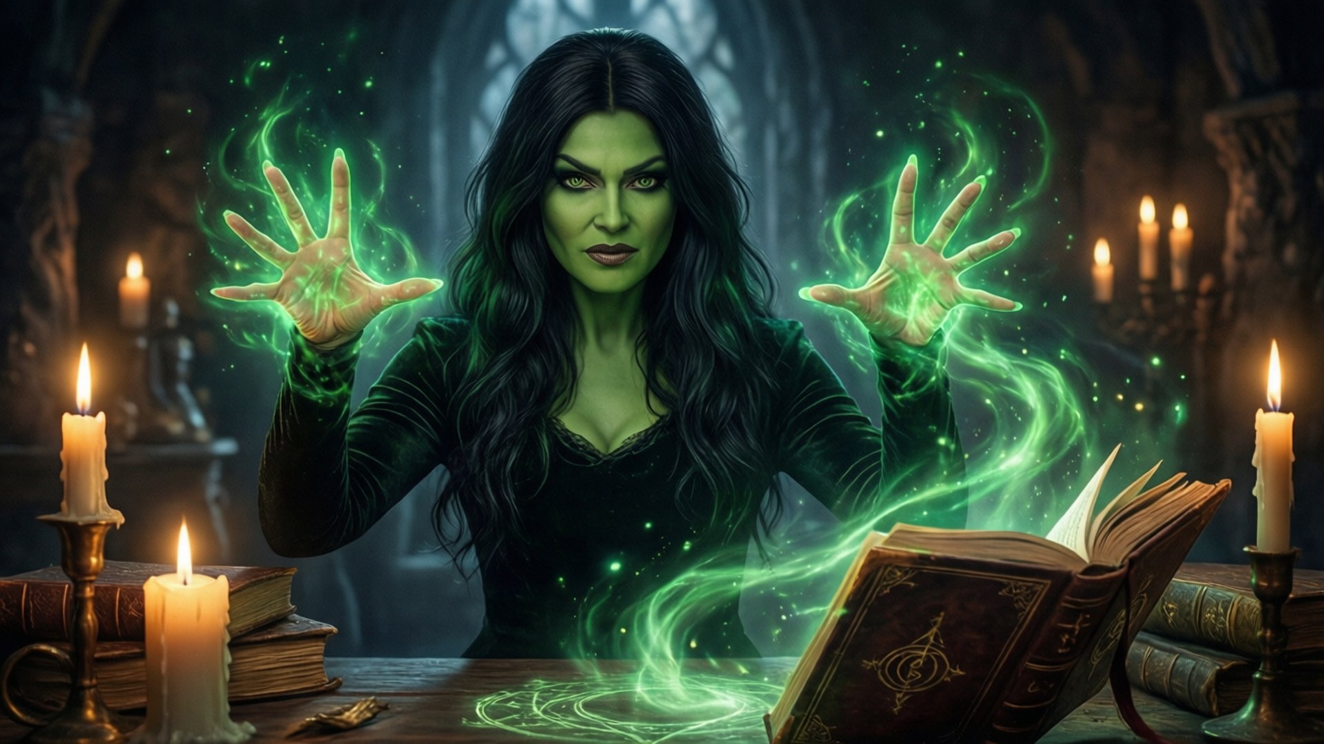 Spellcasting Elphaba 壁紙 — 一位黑髮女巫，雙手發出綠色光芒，在燭光映照的哥德式書房中對著一本打開的法術書施法。