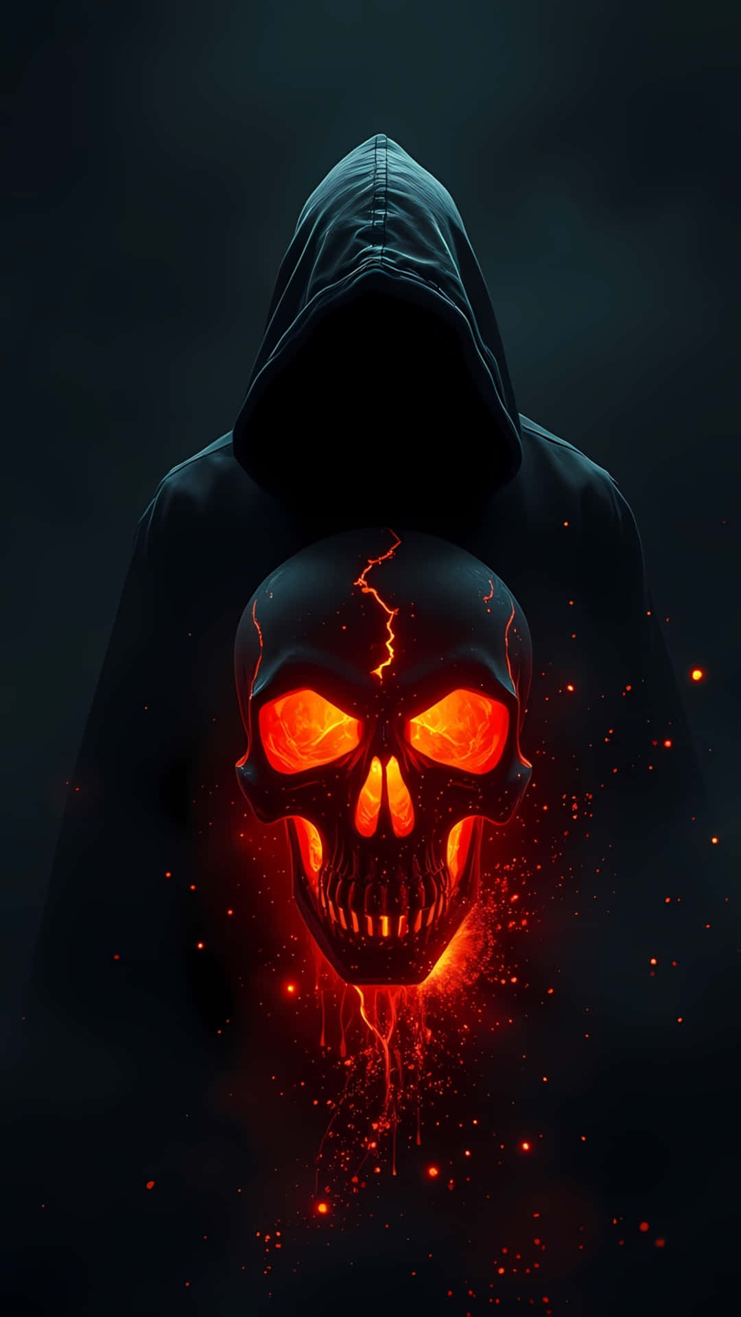 Dark Hooded Skull with Glowing Eyes 壁紙 — 一個戴著兜帽的身影手持一個發光的紅色頭骨，頭骨口中滴落熔岩，周圍有噼啪作響的閃電，背景陰暗煙霧彌漫。