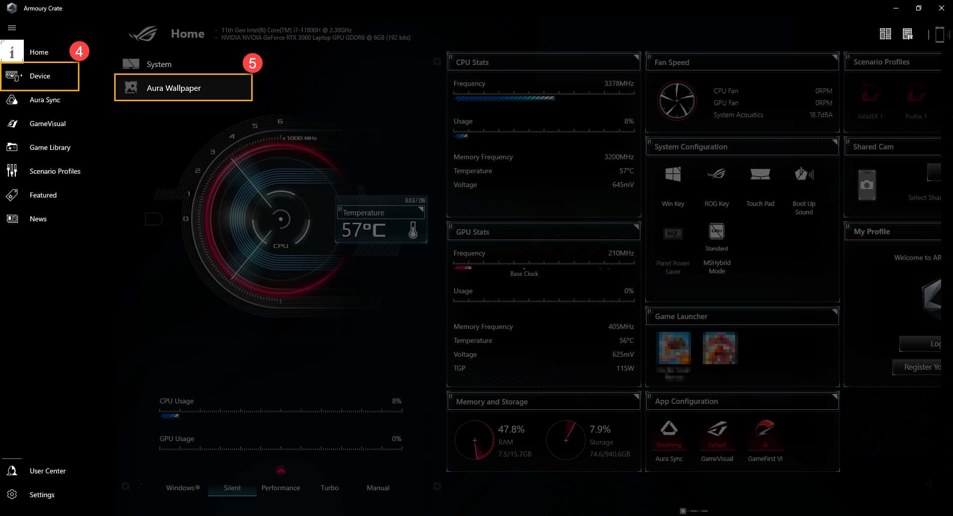 壁紙 — ASUS ROG Armoury Crate 軟件的深色界面，顯示系統統計數據和 Aura Wallpaper 設置，帶有發光的紅色和藍色圓形儀表。