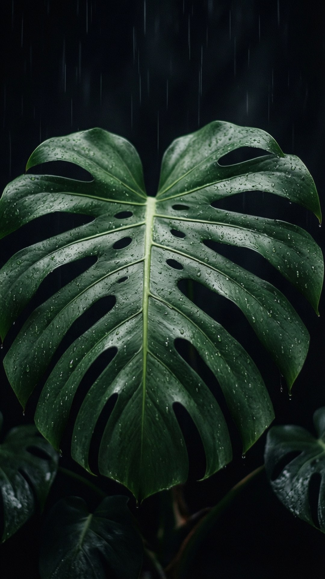 一片大型綠色龜背竹葉覆蓋著雨滴，雨水在黑暗背景下落下。
