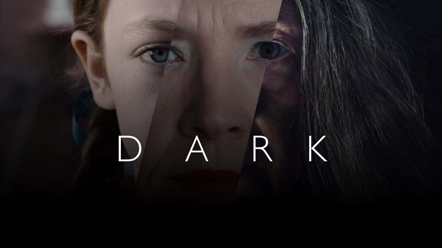 女性臉部垂直分割的特寫，並疊加DARK字樣。