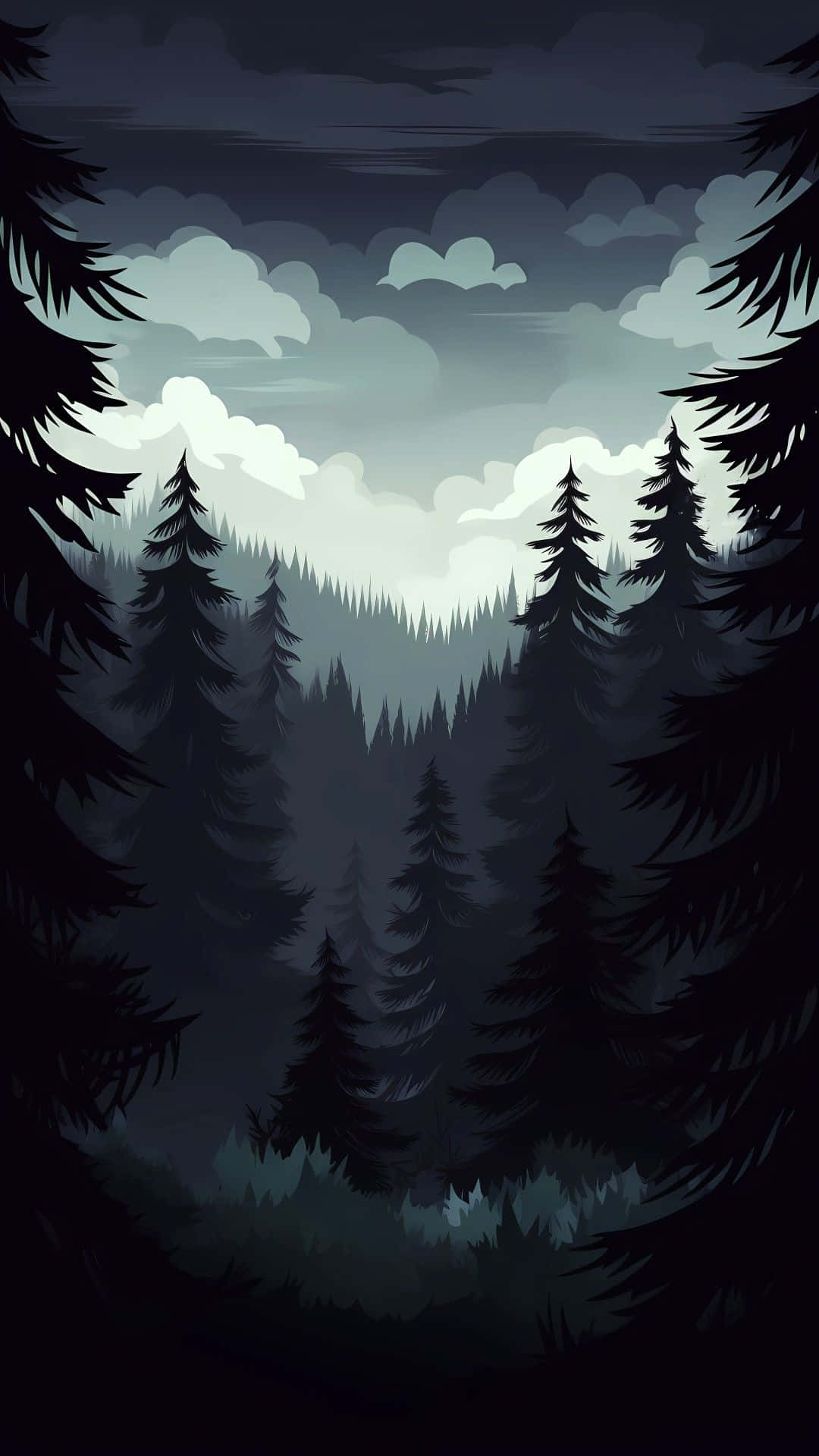  壁紙 — 一片黑暗的松樹林框住了一個霧氣瀰漫的山谷，上方是多雲的黃昏天空。