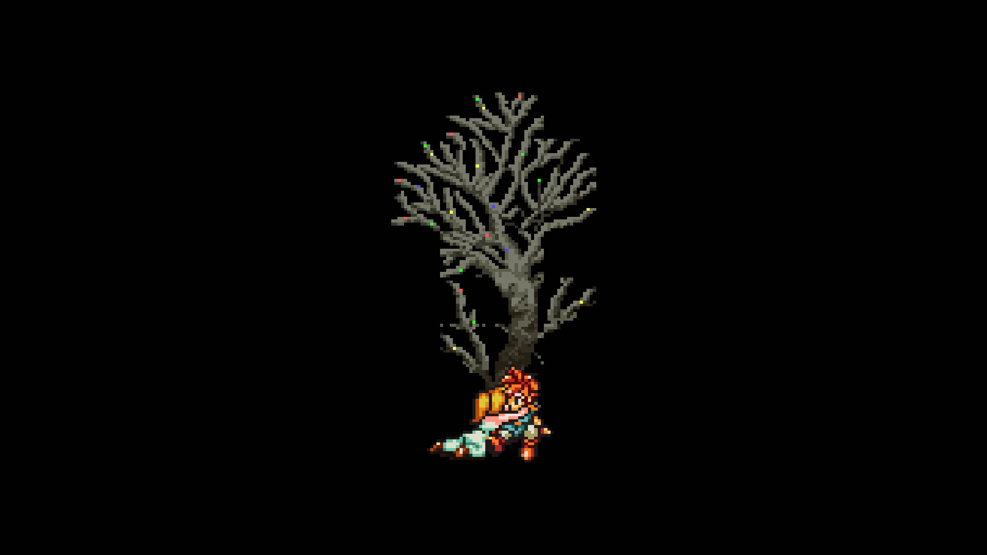 Dark Pixel 庫洛被瑪蕾擁抱於樹上 壁紙 — 一個橙色頭髮的像素藝術角色躺在黑色背景下一棵光禿禿的灰色樹木底部。