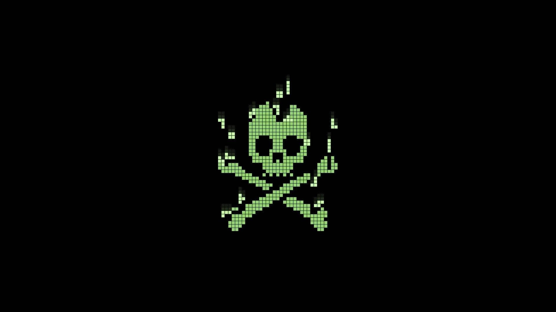 Dark Pixel 綠色毒骷髏 壁紙 — 一個發光綠色像素化骷髏頭骨和交叉骨圖標，居中在黑色背景上。