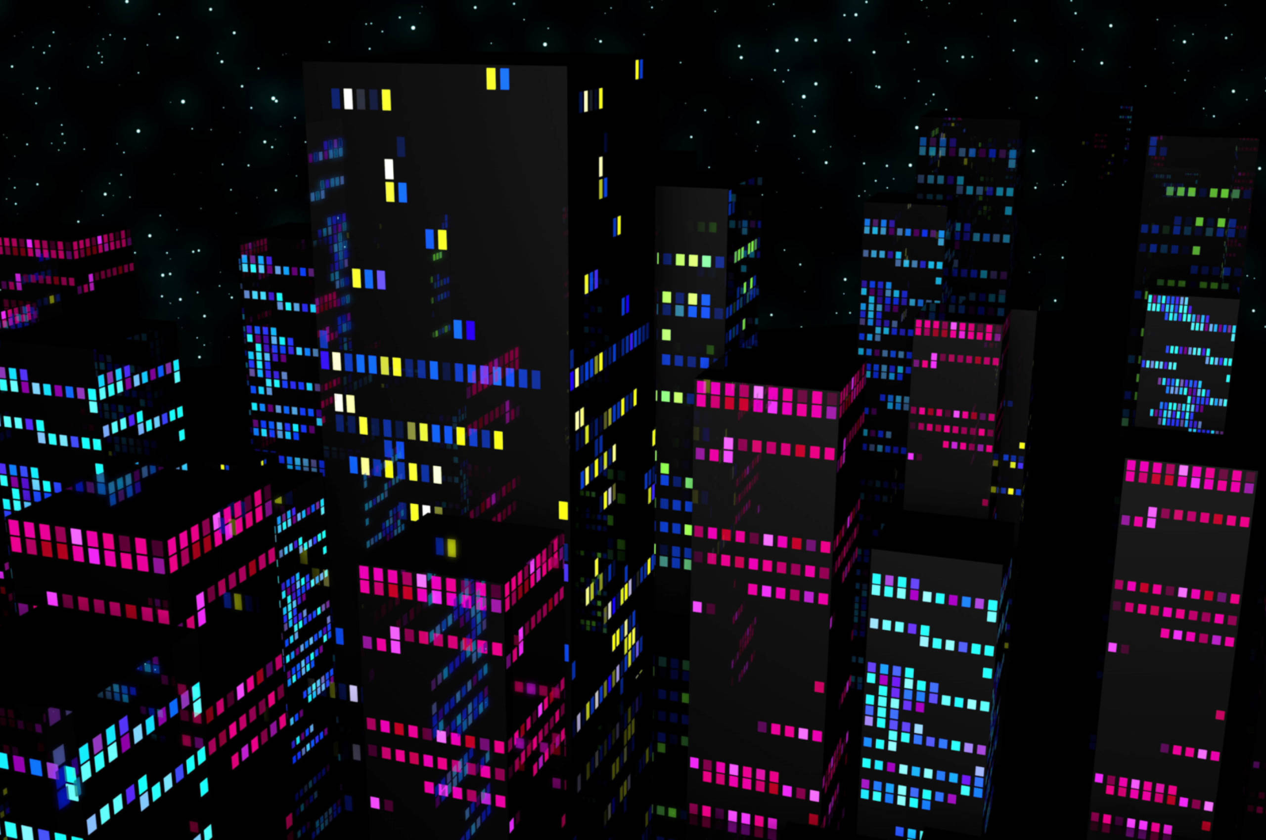 Dark Pixel 高樓窗戶 壁紙 — 像素化的摩天大樓在星空下閃爍著霓虹燈光，呈現出未來數碼城市景觀。