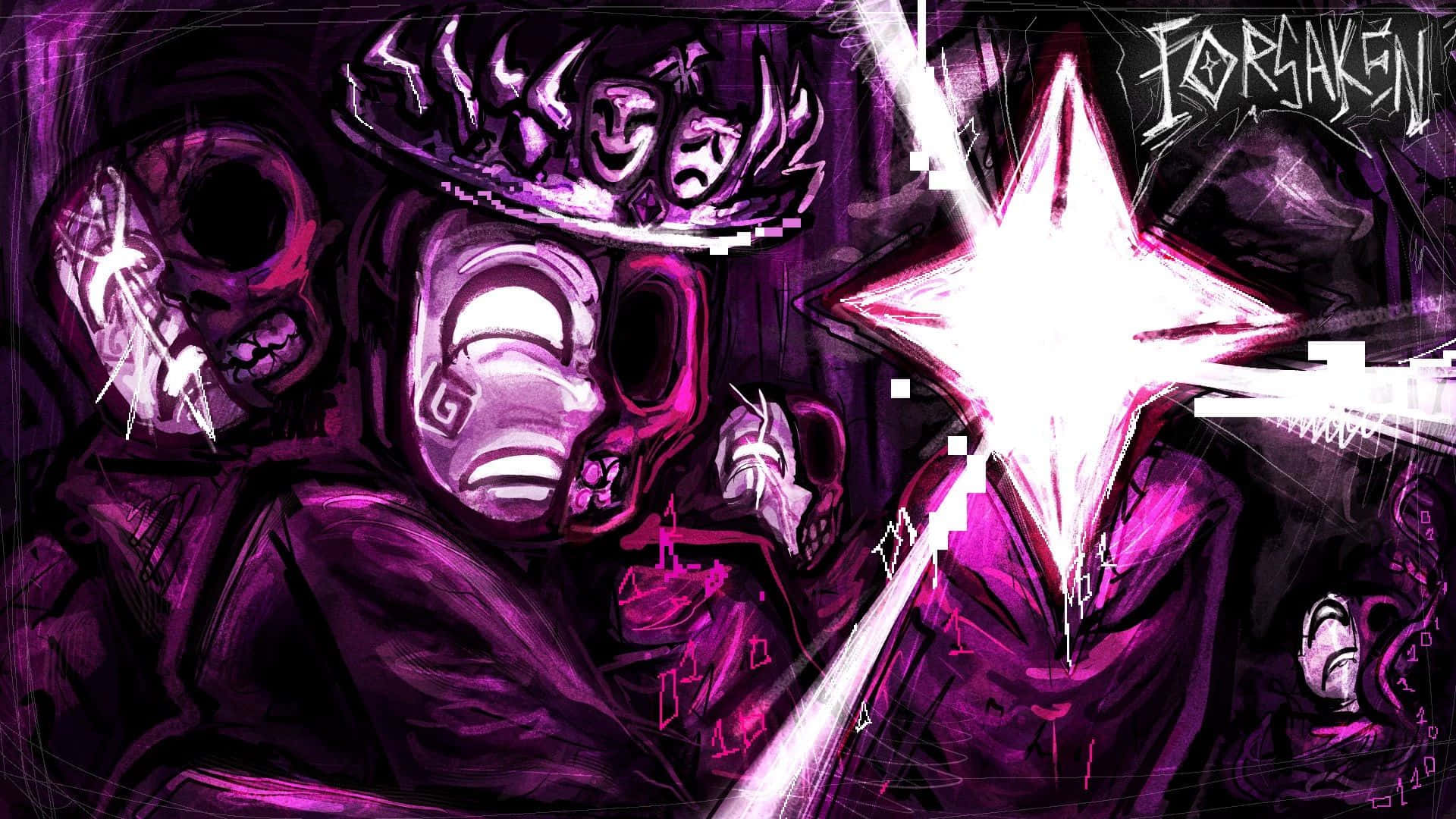  壁紙 — 一幅深紫色數碼藝術插圖，描繪一個戴面具的人物揮舞著發光的星劍，帶有故障效果和戲劇面具。