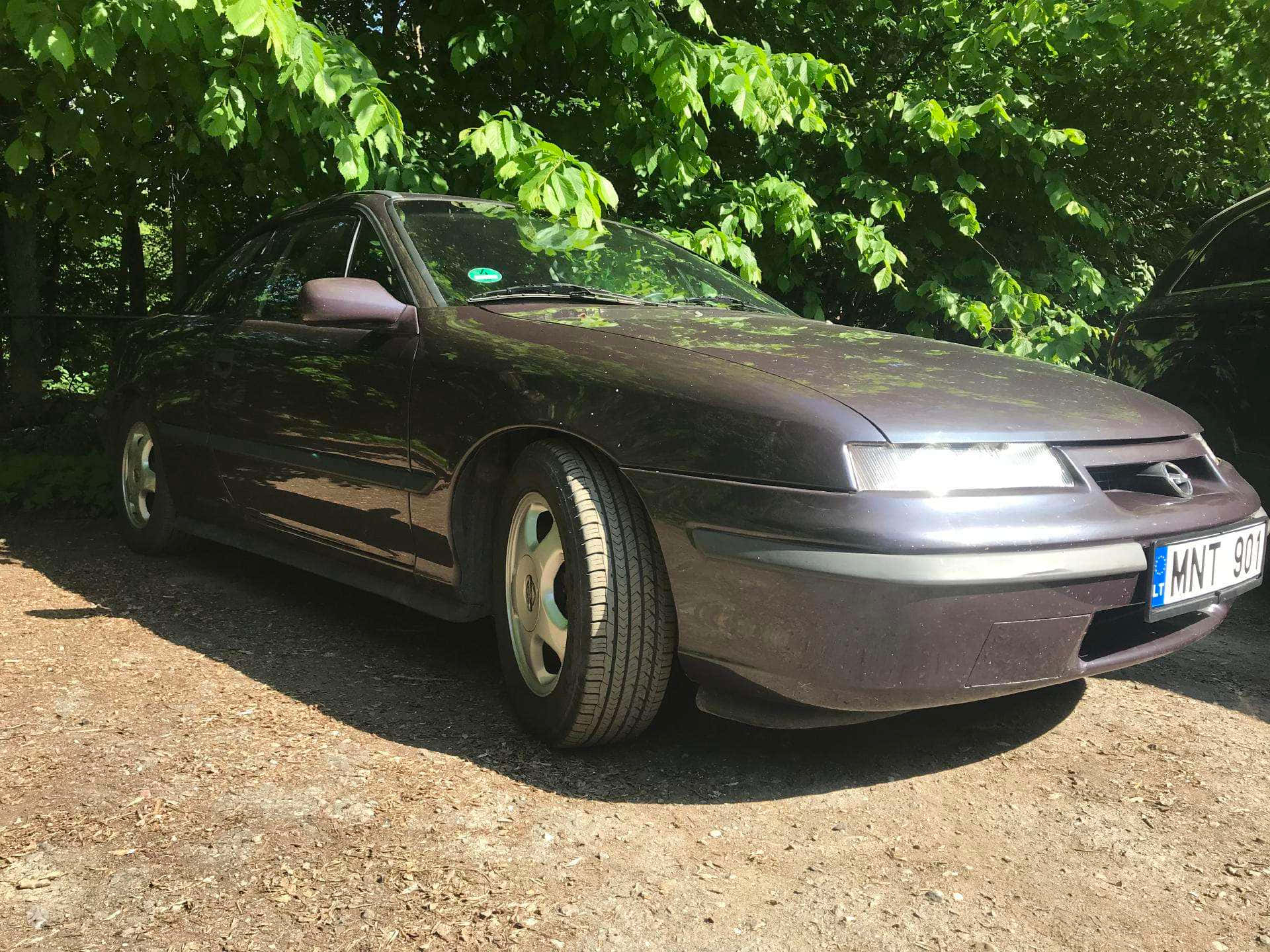 Opel Calibra 桌布 壁紙 — 一輛深紫色歐寶Calibra停泊在碎石上，周圍是茂密的綠樹，陽光明媚。