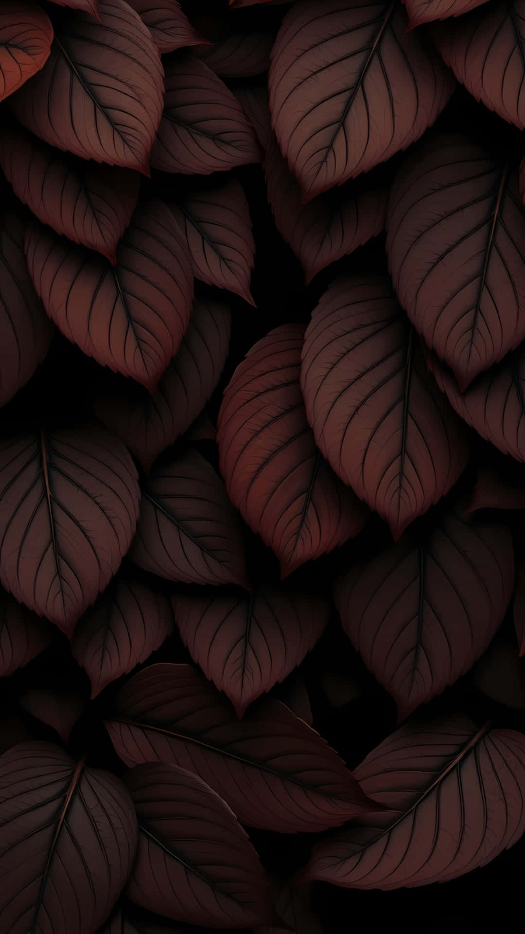Dark Red Leaves Pattern on Black Background 壁紙 — 深酒紅色葉片帶有黑色葉脈，在黑色背景上以密集圖案重疊。
