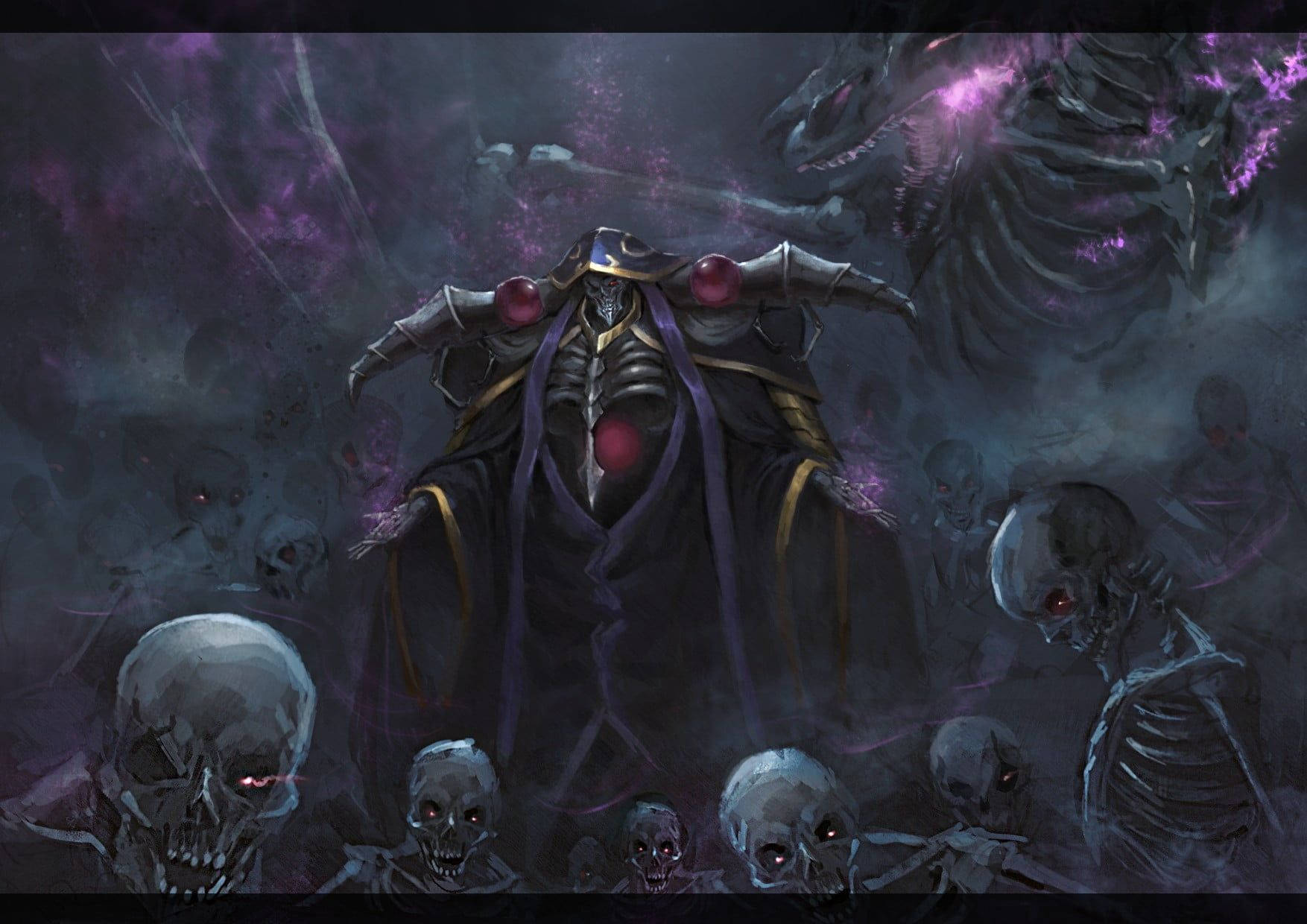 《Overlord》的終極戰士：Ainz Ooal Gown 壁紙 — 一個身穿暗色長袍的骷髏巫師，擁有發光的紅色眼睛和球體，指揮著一個被頭骨和紫色能量龍包圍的王座。