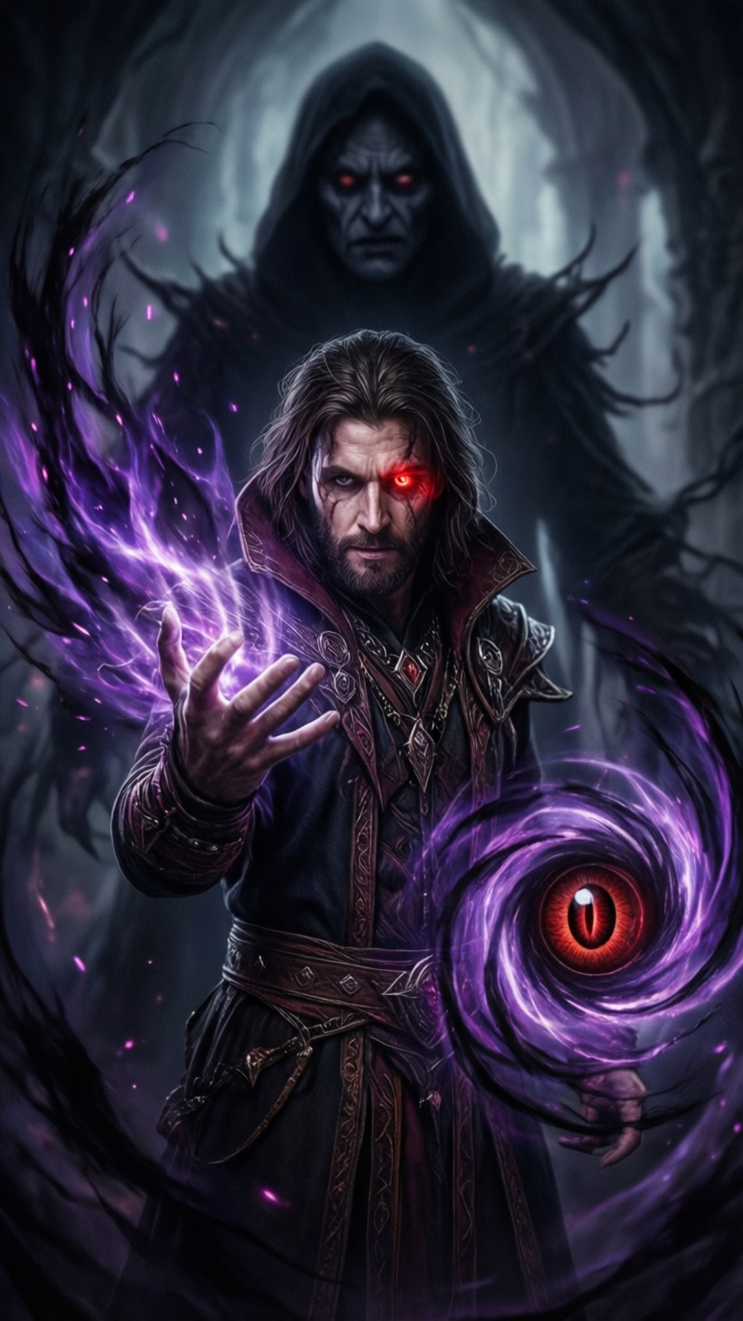 巫師在黑暗森林中施放紫色魔法，身後有一個惡魔般的身影。