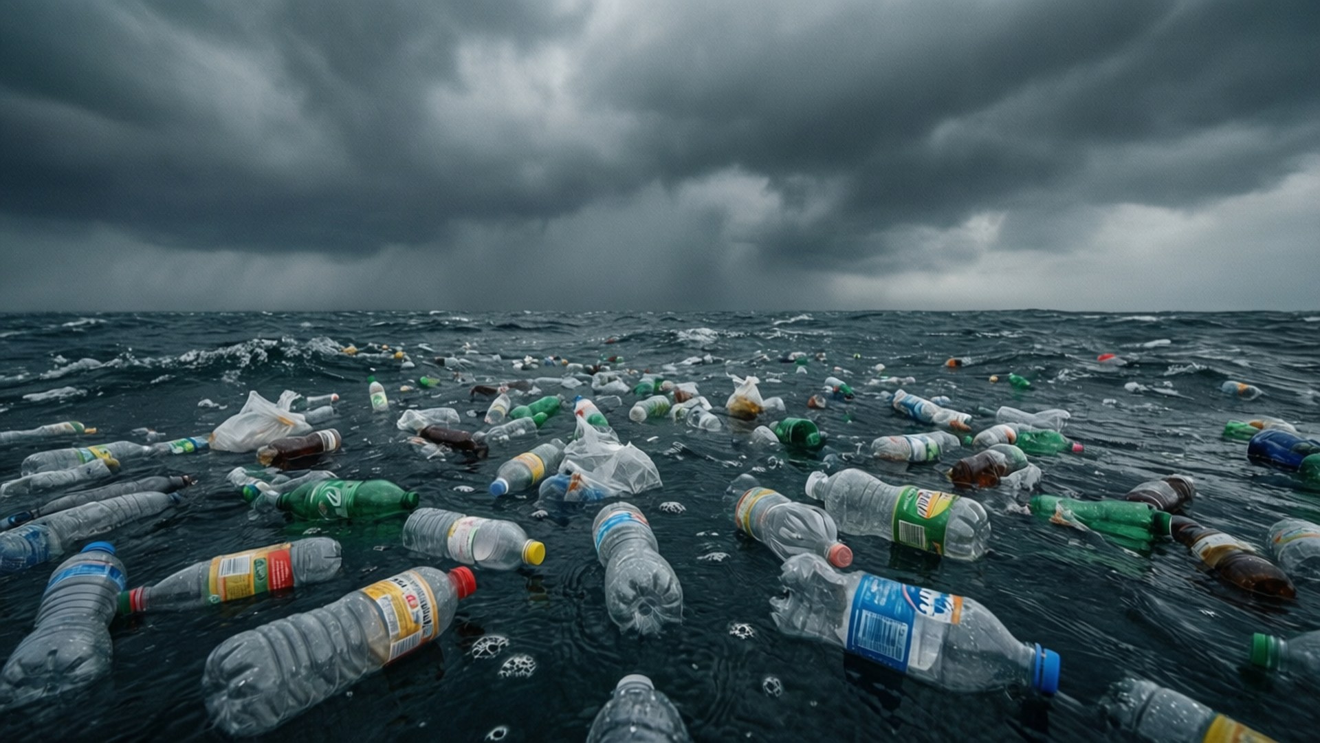 Plastic Pollution 桌布 壁紙 — 黑暗的風暴雲籠罩著被漂浮的塑膠瓶和垃圾堵塞的污染海洋。